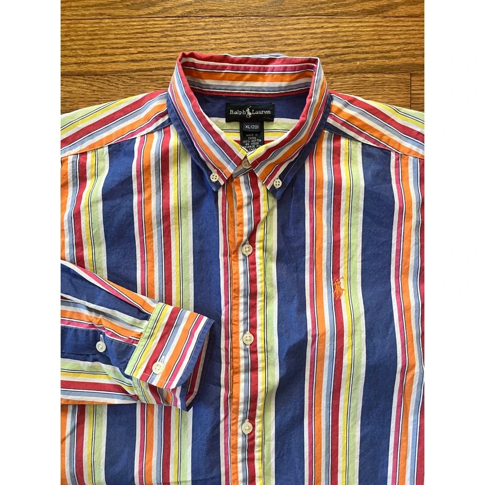 Ralph Lauren Kids XL 20 Multi Color Striped Button Down Shirt Long Sleeve Cotton
